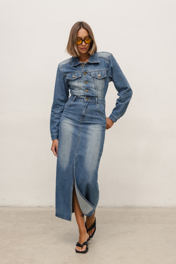 Amber Długa Sukienka Jeansowa Blue
